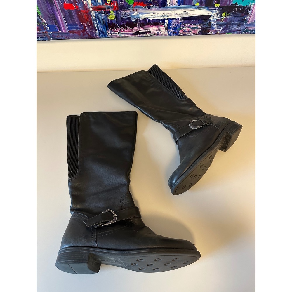 David Tate Black Leather Tall Riding Boots with Buckle Strap | Size 9.5